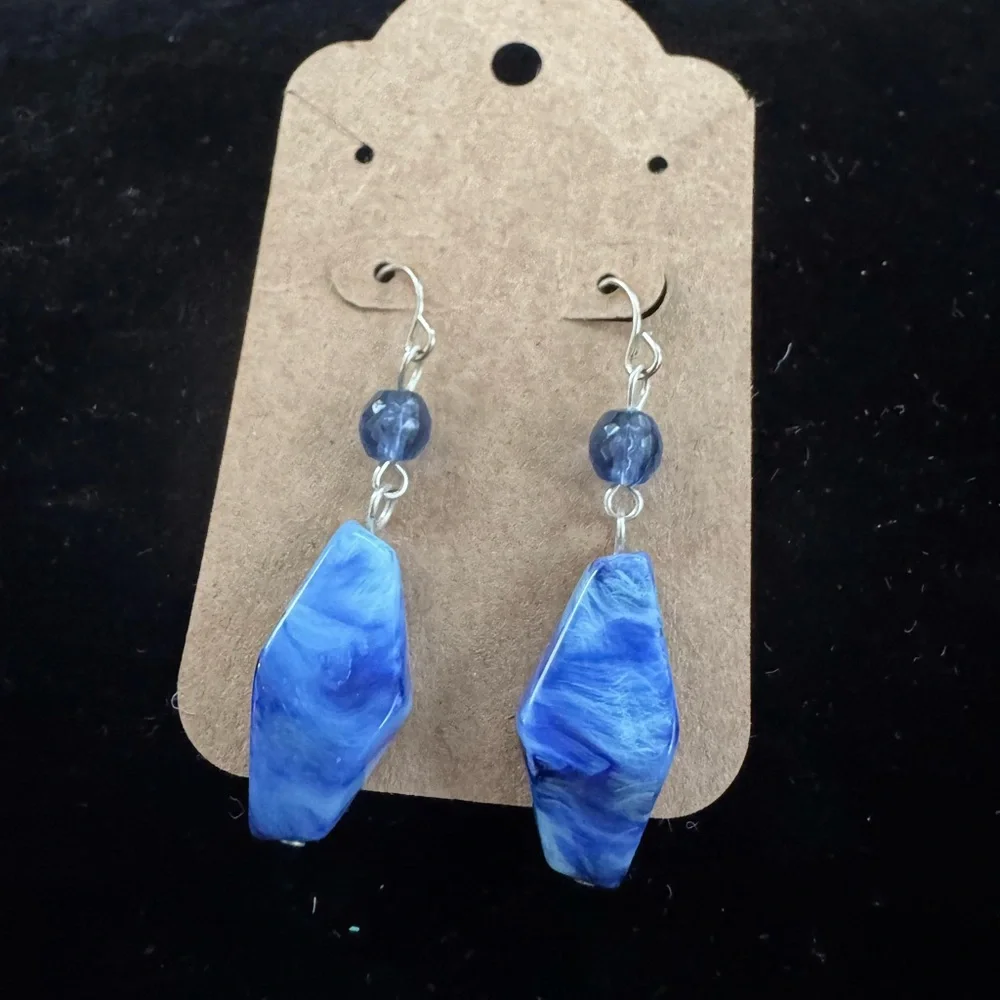 Geometric Blue Marbled Glass Beaded Art Deco Earrings - Picture 2 of 2